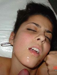 Photos of a busty honey getting hot sticky facial