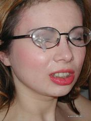 Kinky horny chick with glasses gets a load of sticky jizz